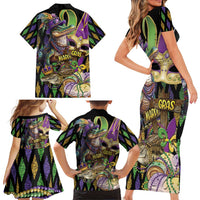 Mardi Gras Alligator Family Matching Short Sleeve Bodycon Dress and Hawaiian Shirt Fleur De Lis Glitter Style