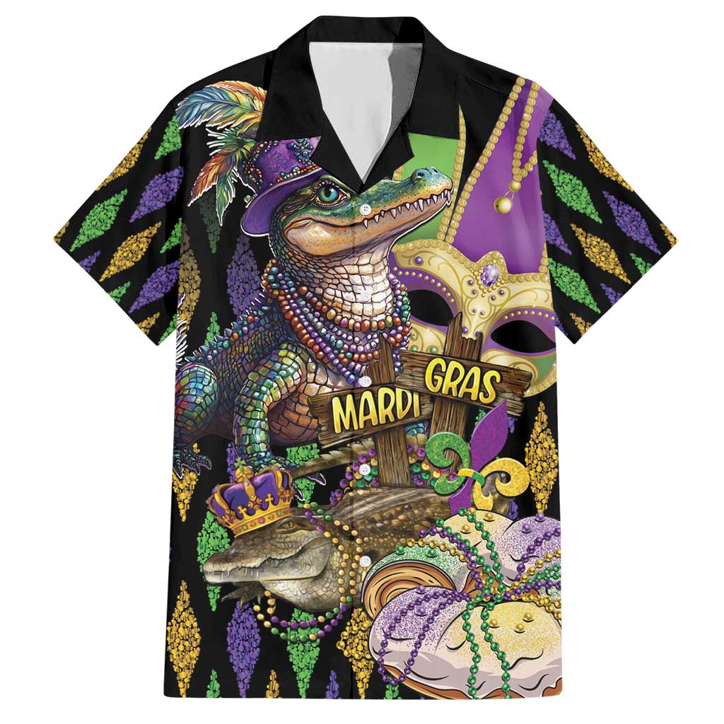 Mardi Gras Alligator Family Matching Short Sleeve Bodycon Dress and Hawaiian Shirt Fleur De Lis Glitter Style
