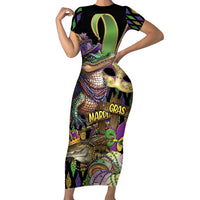 Mardi Gras Alligator Family Matching Short Sleeve Bodycon Dress and Hawaiian Shirt Fleur De Lis Glitter Style