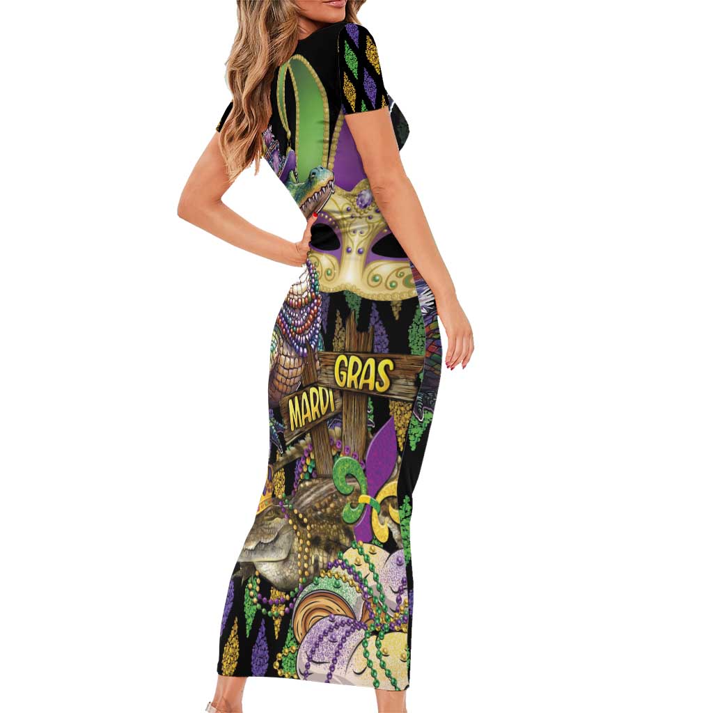 Mardi Gras Alligator Family Matching Short Sleeve Bodycon Dress and Hawaiian Shirt Fleur De Lis Glitter Style