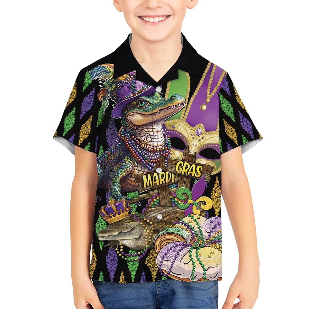 Mardi Gras Alligator Family Matching Short Sleeve Bodycon Dress and Hawaiian Shirt Fleur De Lis Glitter Style
