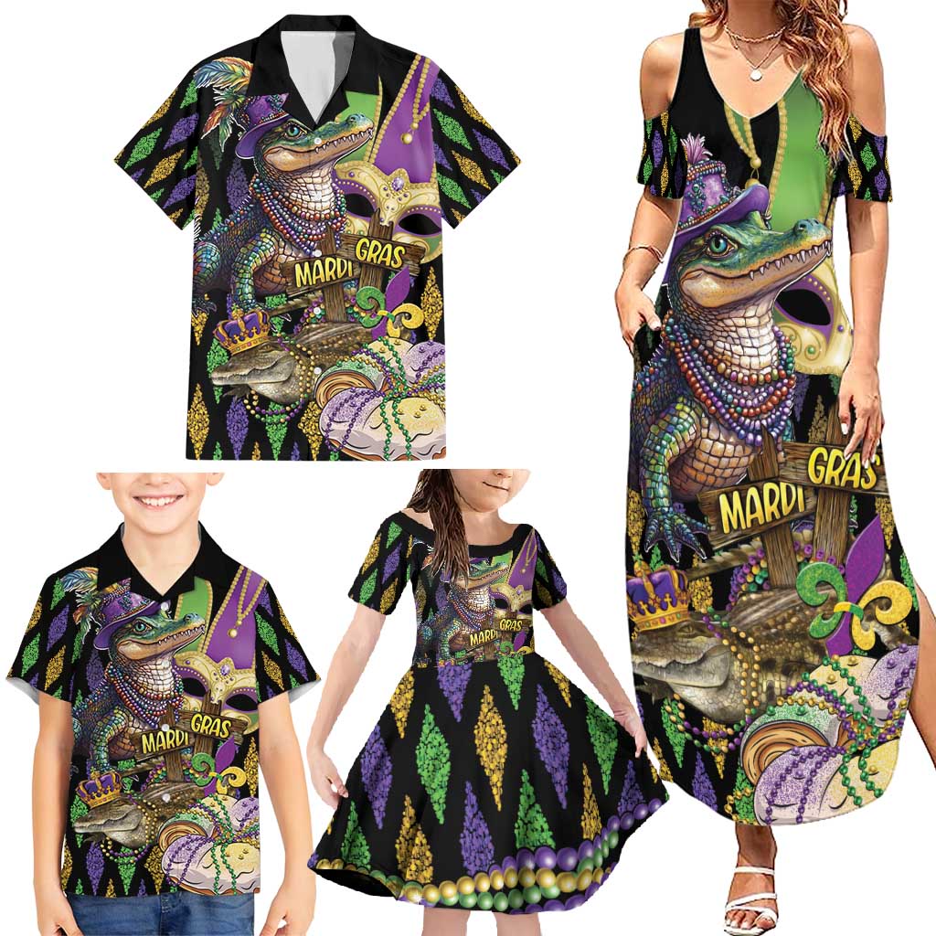 Mardi Gras Alligator Family Matching Summer Maxi Dress and Hawaiian Shirt Fleur De Lis Glitter Style