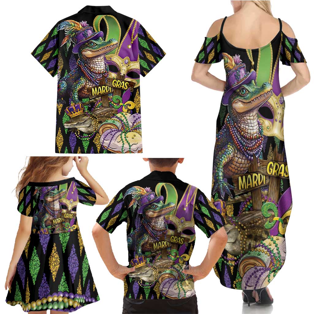 Mardi Gras Alligator Family Matching Summer Maxi Dress and Hawaiian Shirt Fleur De Lis Glitter Style