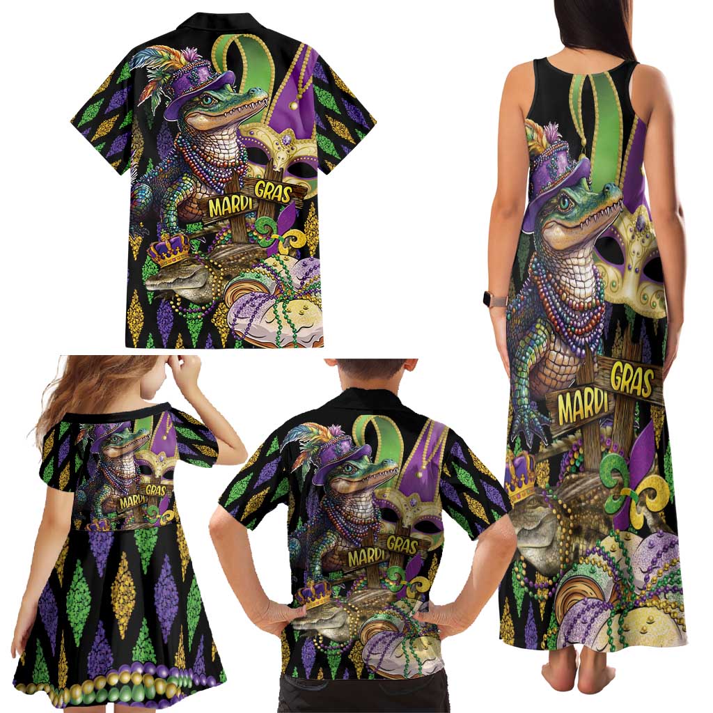 Mardi Gras Alligator Family Matching Tank Maxi Dress and Hawaiian Shirt Fleur De Lis Glitter Style