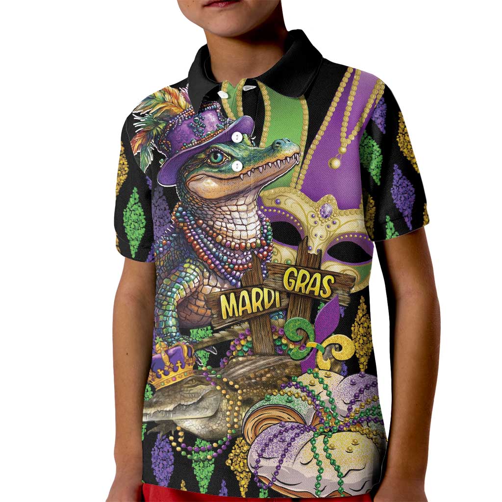 Mardi Gras Alligator Kid Polo Shirt Fleur De Lis Glitter Style