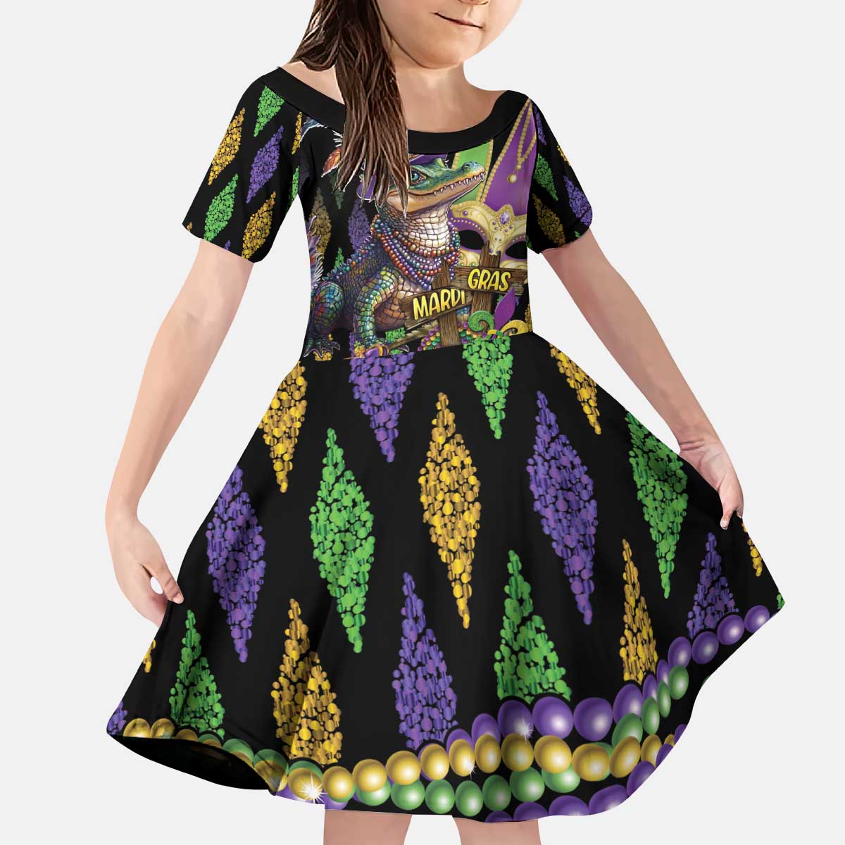 Mardi Gras Alligator Kid Short Sleeve Dress Fleur De Lis Glitter Style