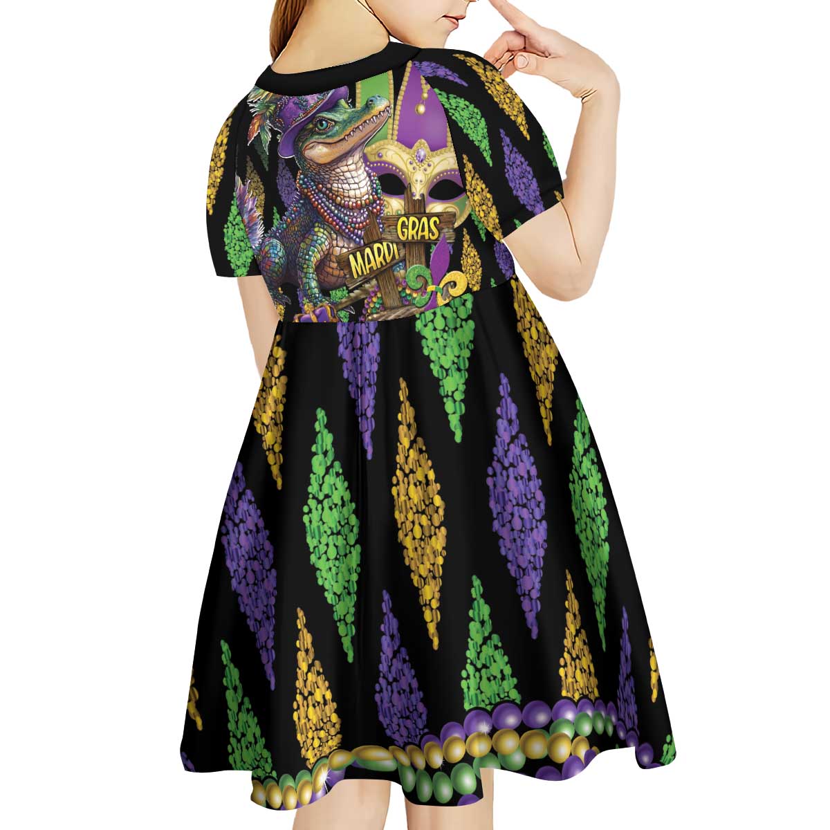 Mardi Gras Alligator Kid Short Sleeve Dress Fleur De Lis Glitter Style