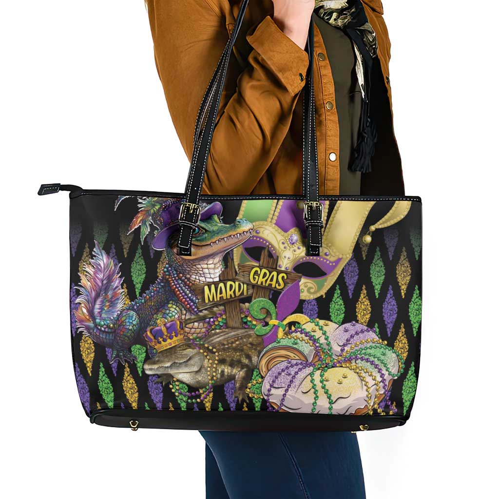 Mardi Gras Alligator Leather Tote Bag Fleur De Lis Glitter Style