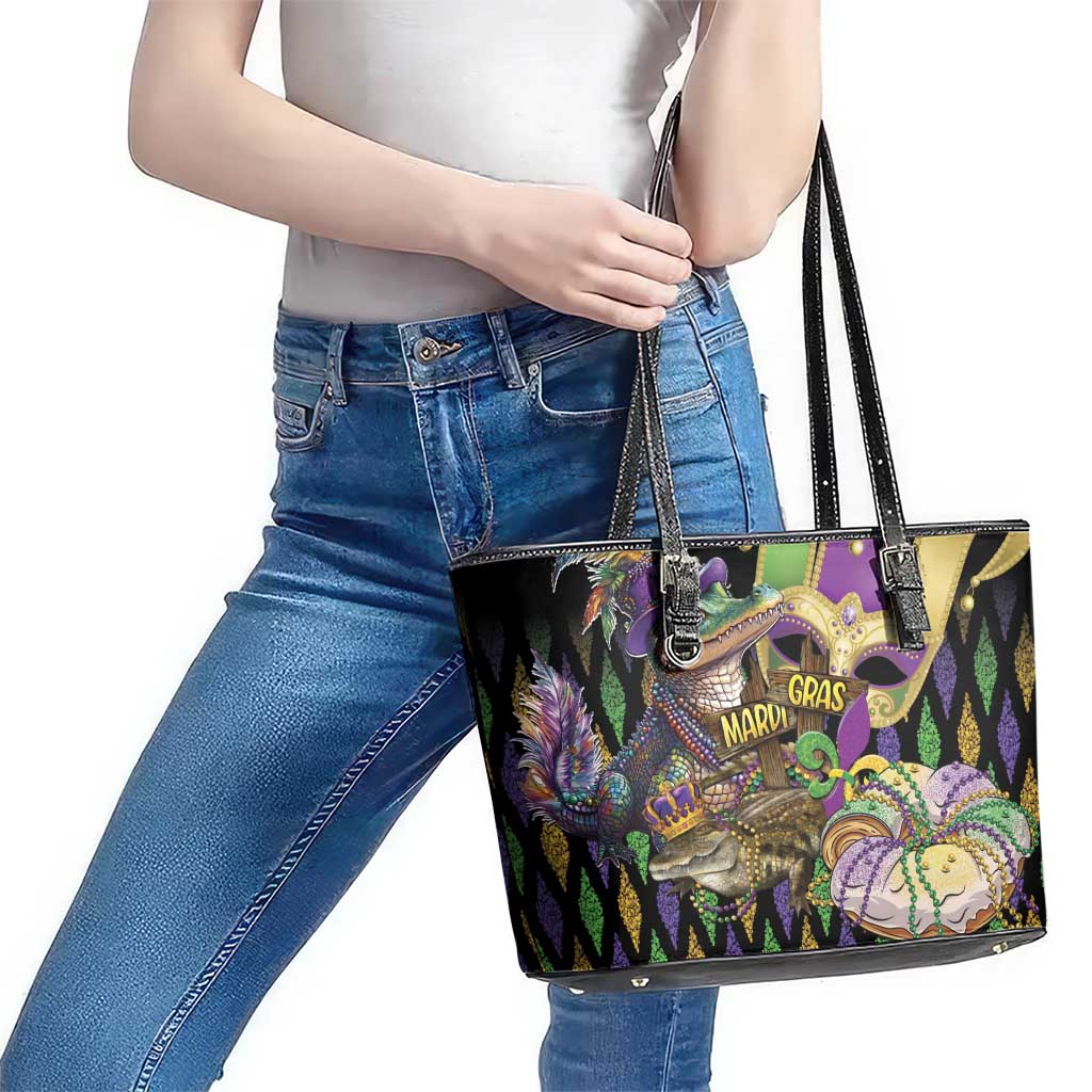 Mardi Gras Alligator Leather Tote Bag Fleur De Lis Glitter Style