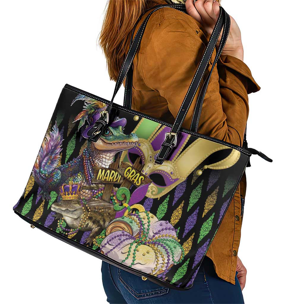 Mardi Gras Alligator Leather Tote Bag Fleur De Lis Glitter Style