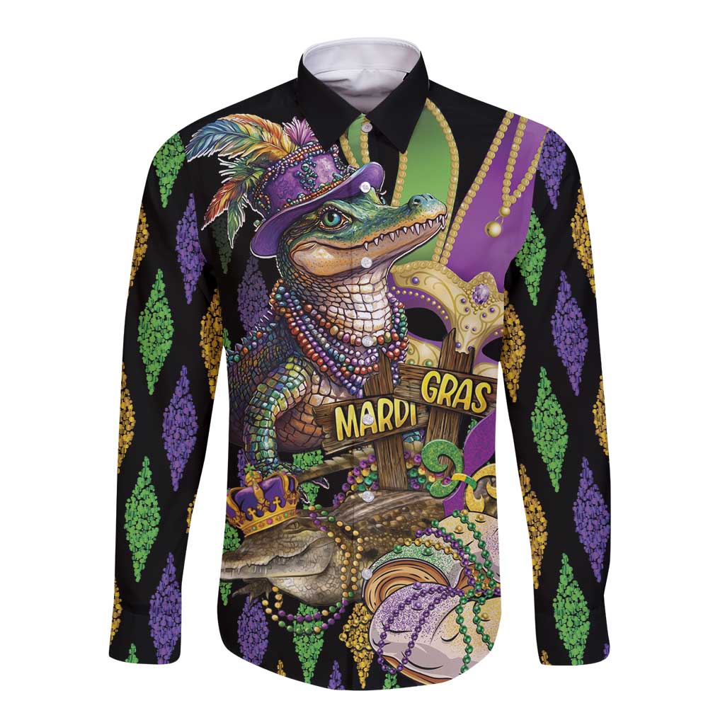 Mardi Gras Alligator Long Sleeve Button Shirt Fleur De Lis Glitter Style