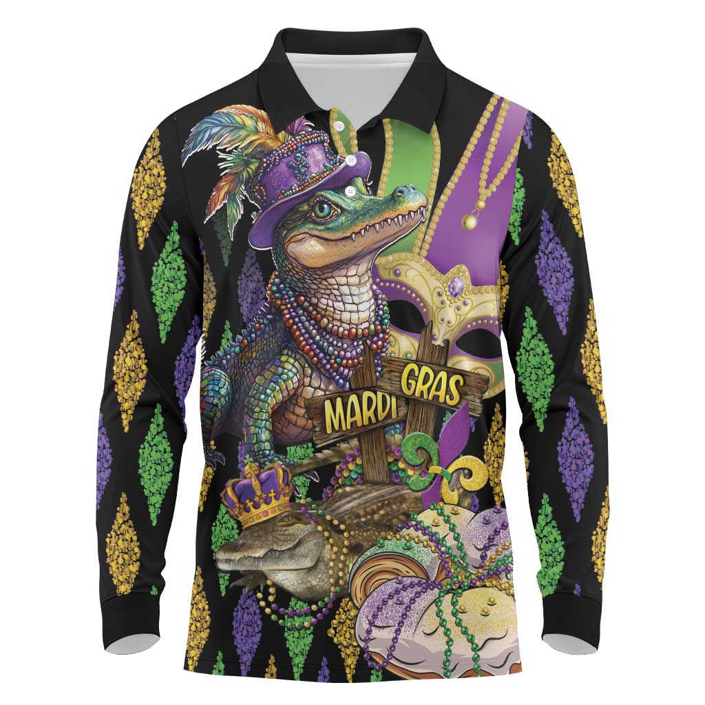 Mardi Gras Alligator Long Sleeve Polo Shirt Fleur De Lis Glitter Style - Wonder Print Shop