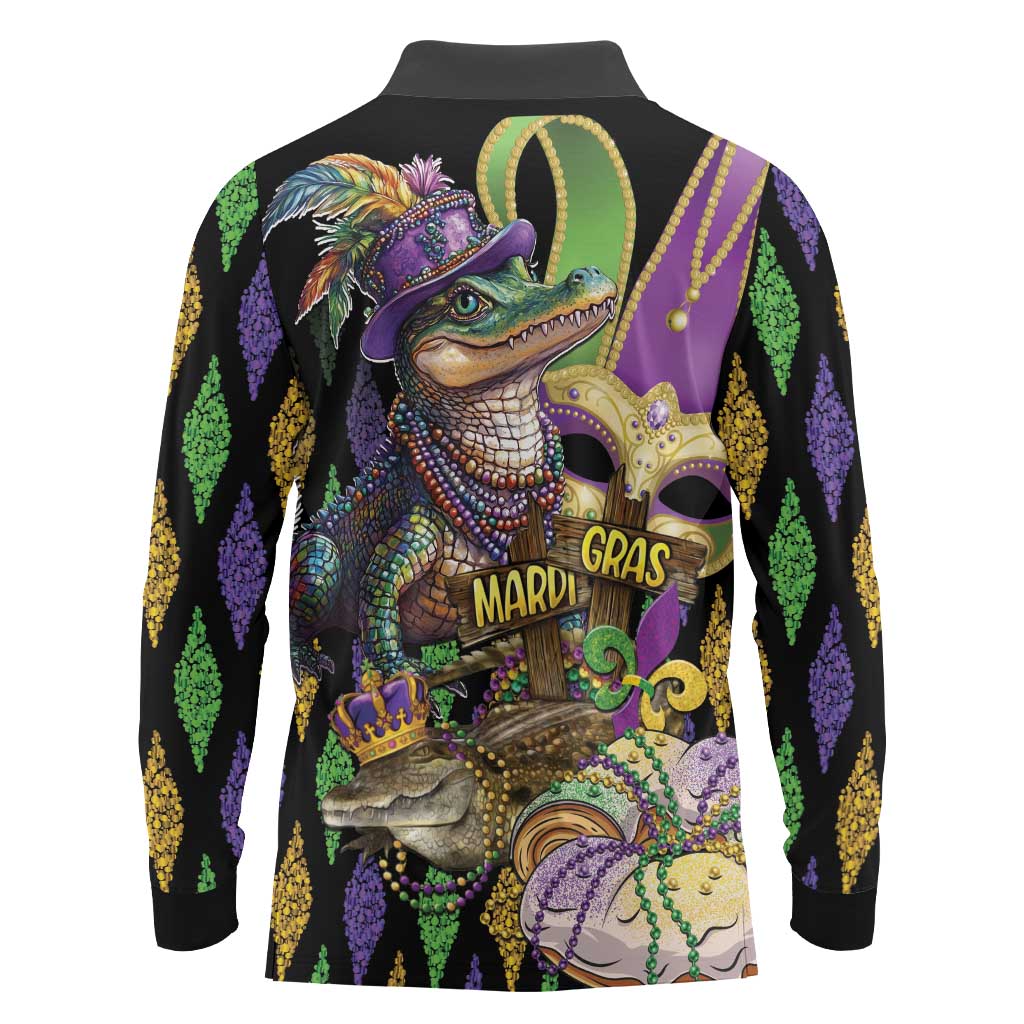 Mardi Gras Alligator Long Sleeve Polo Shirt Fleur De Lis Glitter Style - Wonder Print Shop