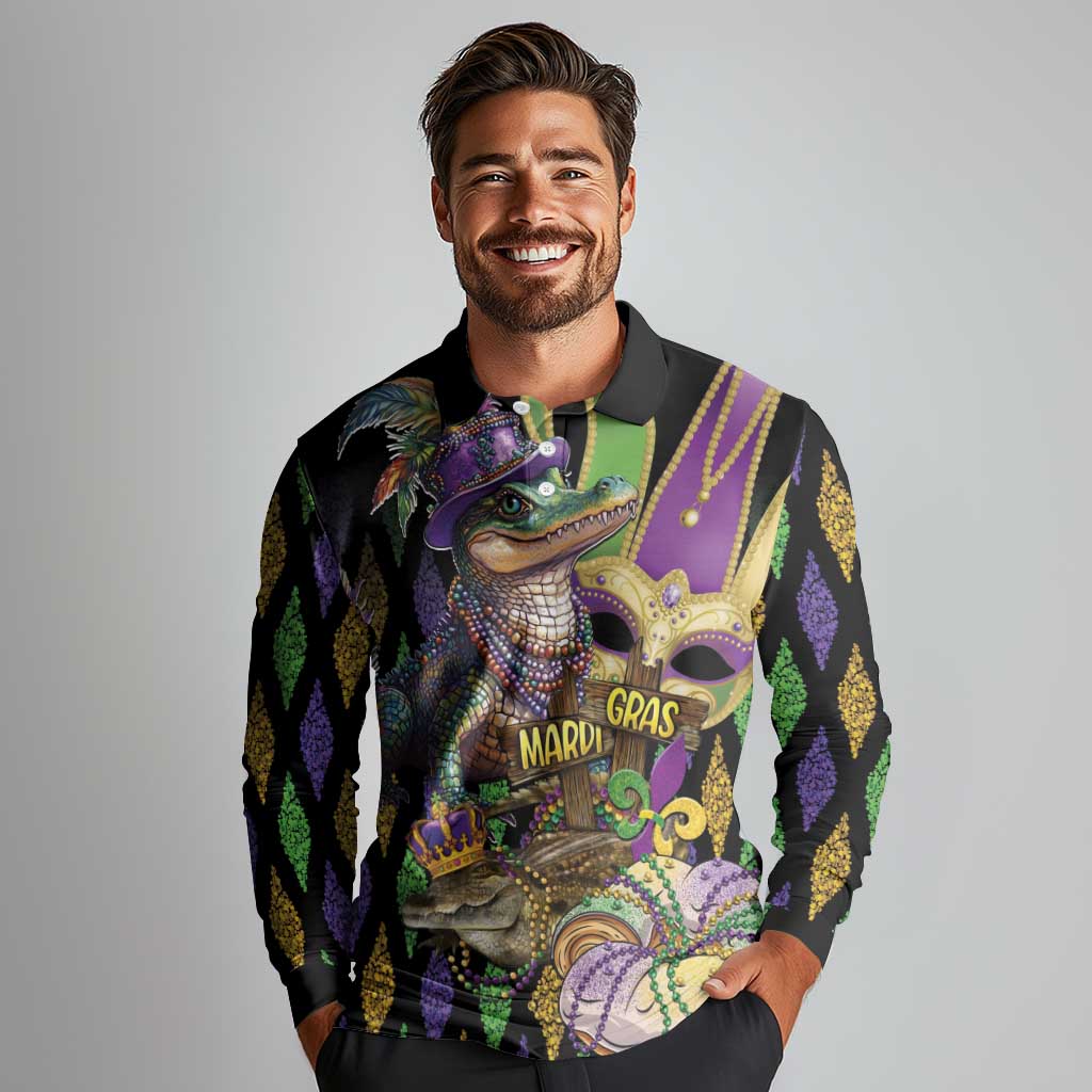 Mardi Gras Alligator Long Sleeve Polo Shirt Fleur De Lis Glitter Style - Wonder Print Shop