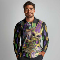 Mardi Gras Alligator Long Sleeve Polo Shirt Fleur De Lis Glitter Style - Wonder Print Shop