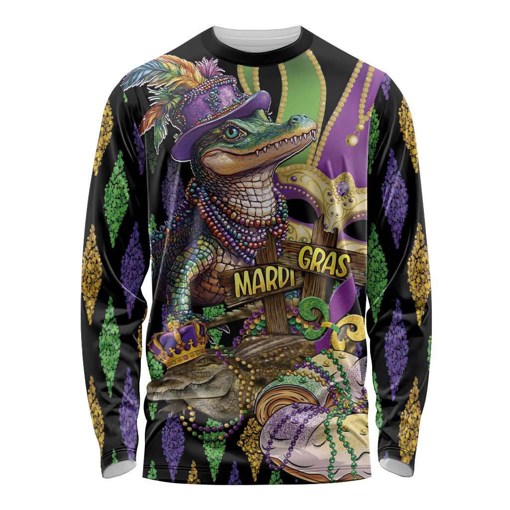 Mardi Gras Alligator Long Sleeve Shirt Fleur De Lis Glitter Style - Wonder Print Shop