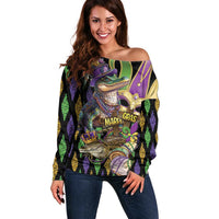 Mardi Gras Alligator Off Shoulder Sweater Fleur De Lis Glitter Style - Wonder Print Shop