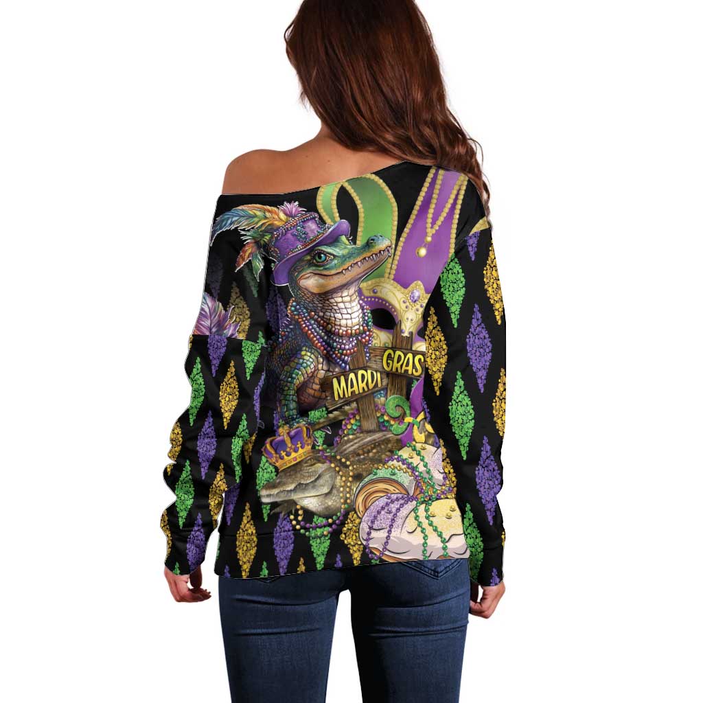 Mardi Gras Alligator Off Shoulder Sweater Fleur De Lis Glitter Style - Wonder Print Shop