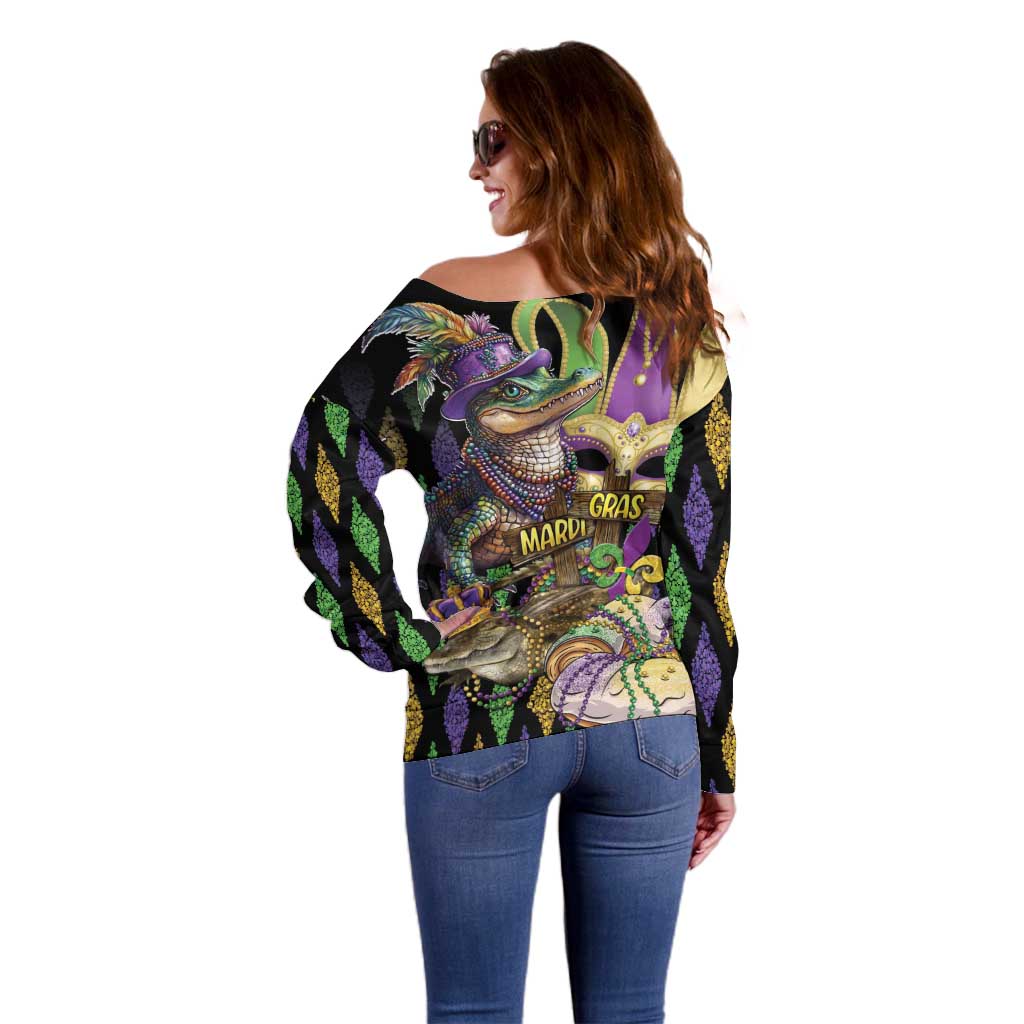 Mardi Gras Alligator Off Shoulder Sweater Fleur De Lis Glitter Style - Wonder Print Shop