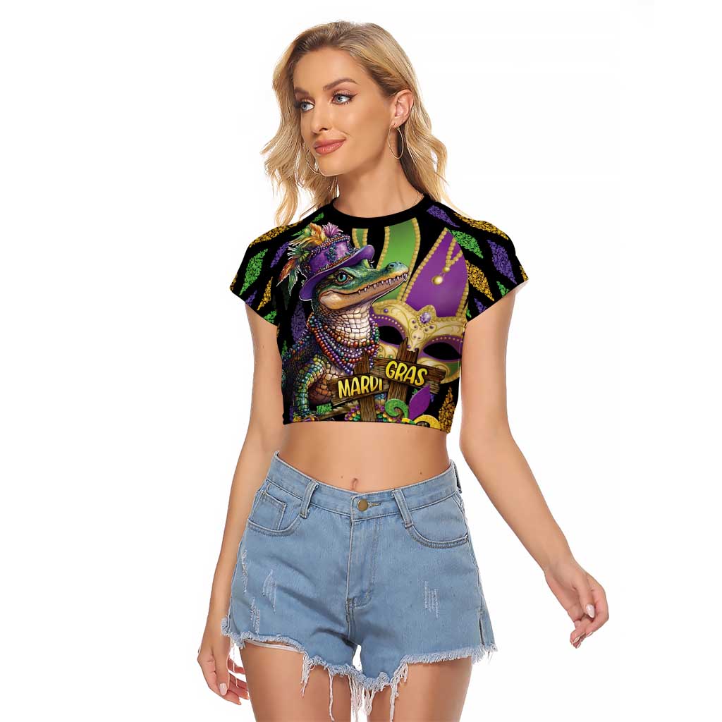 Mardi Gras Alligator Raglan Cropped T Shirt Fleur De Lis Glitter Style - Wonder Print Shop