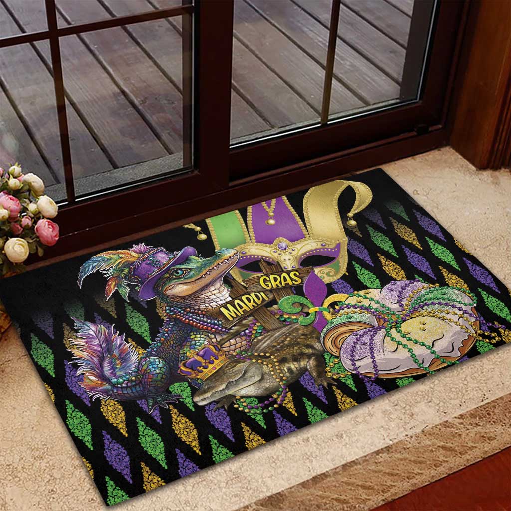 Mardi Gras Alligator Rubber Doormat Fleur De Lis Glitter Style - Wonder Print Shop