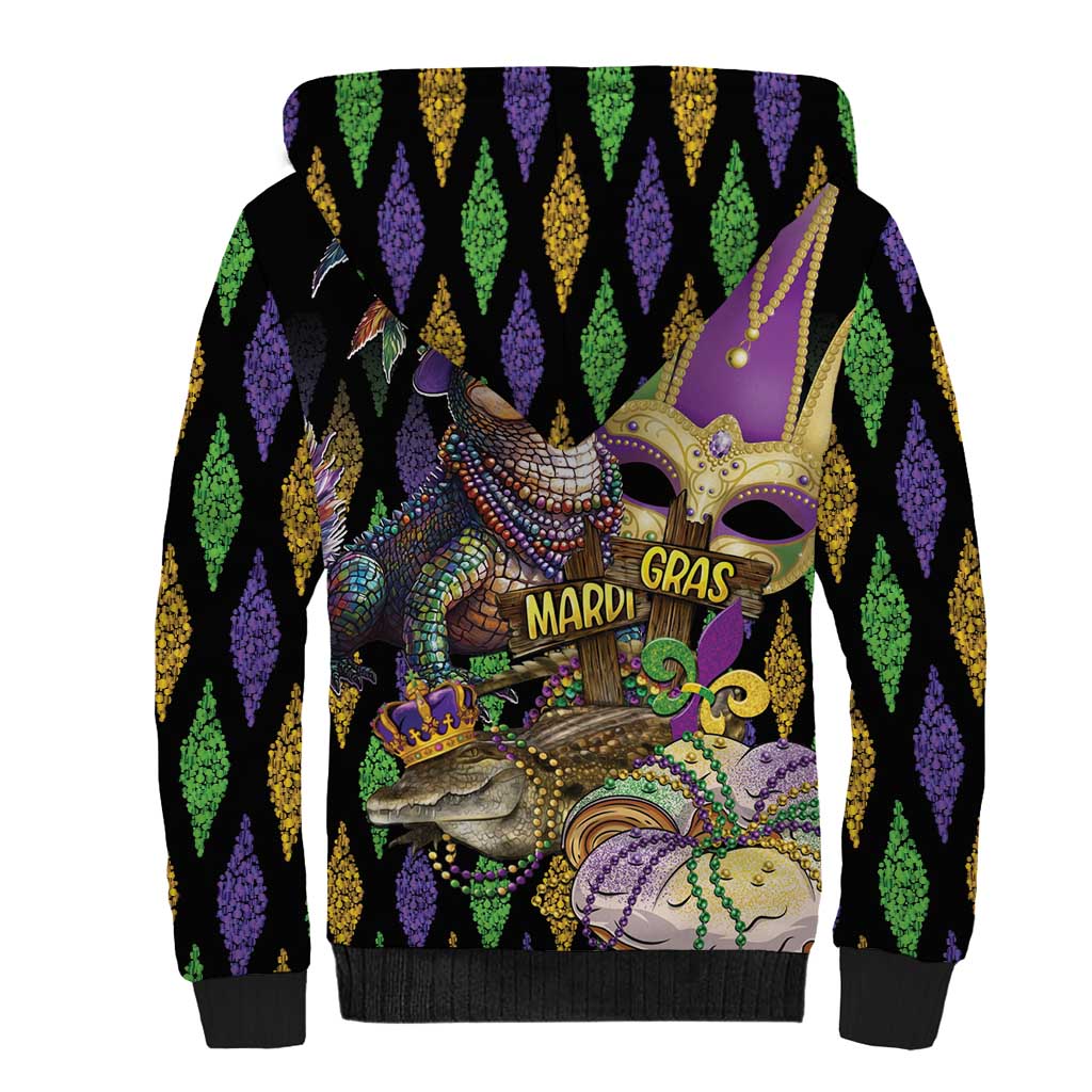 Mardi Gras Alligator Sherpa Hoodie Fleur De Lis Glitter Style - Wonder Print Shop