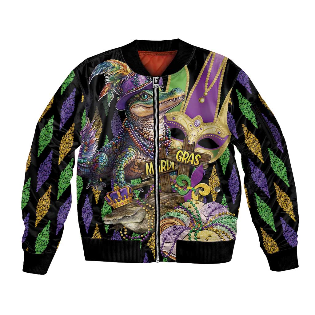 Mardi Gras Alligator Sleeve Zip Bomber Jacket Fleur De Lis Glitter Style - Wonder Print Shop