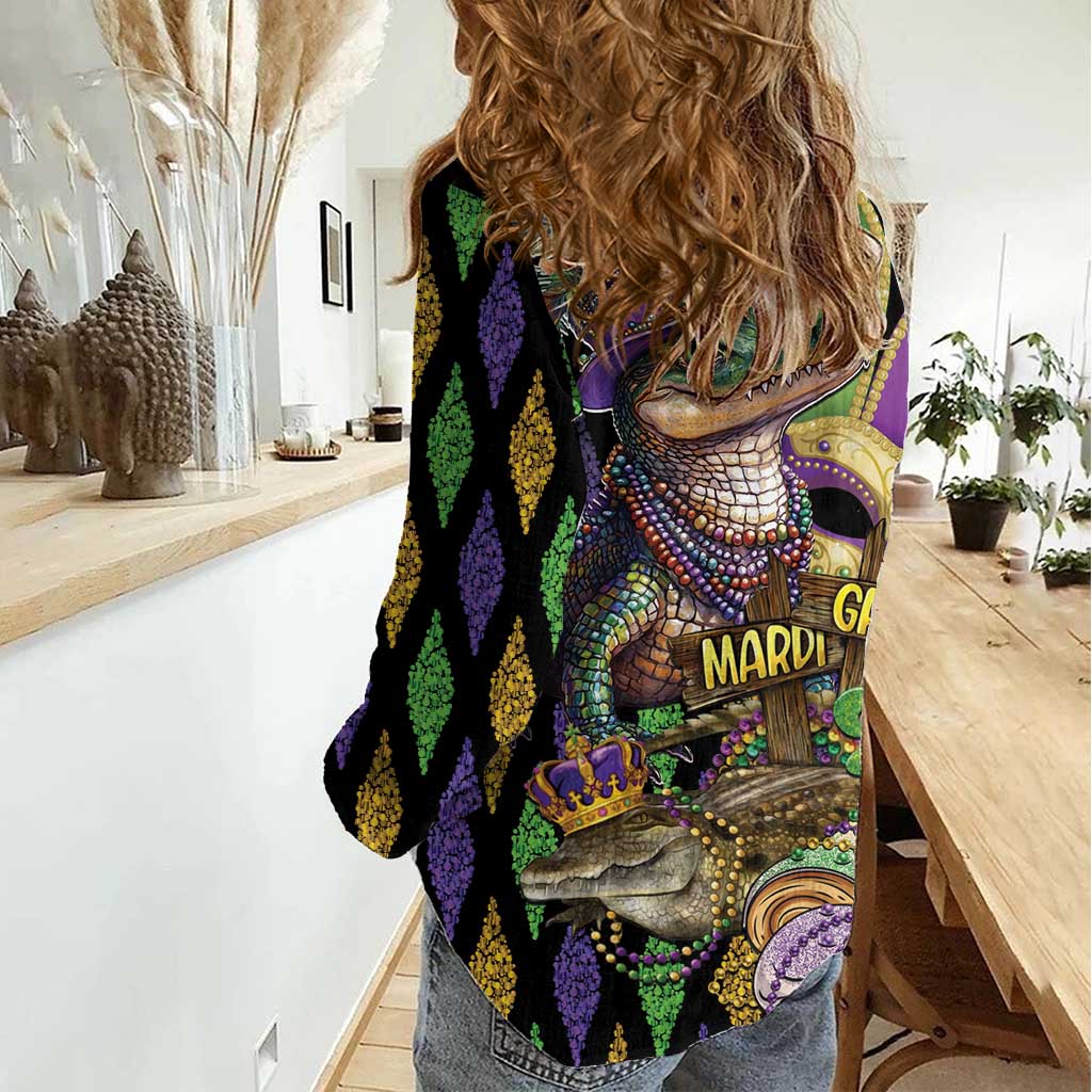 Mardi Gras Alligator Women Casual Shirt Fleur De Lis Glitter Style - Wonder Print Shop