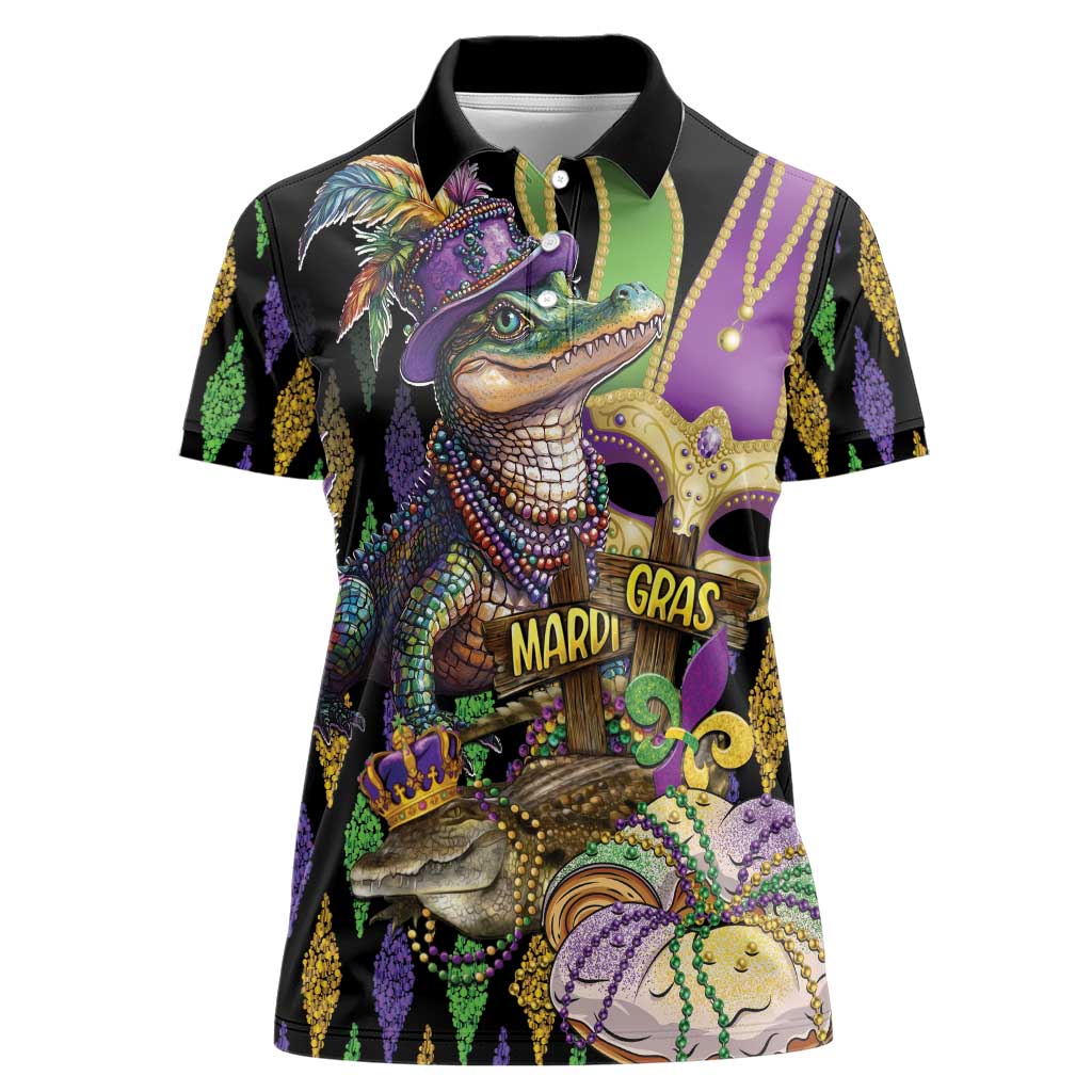 Mardi Gras Alligator Women Polo Shirt Fleur De Lis Glitter Style - Wonder Print Shop