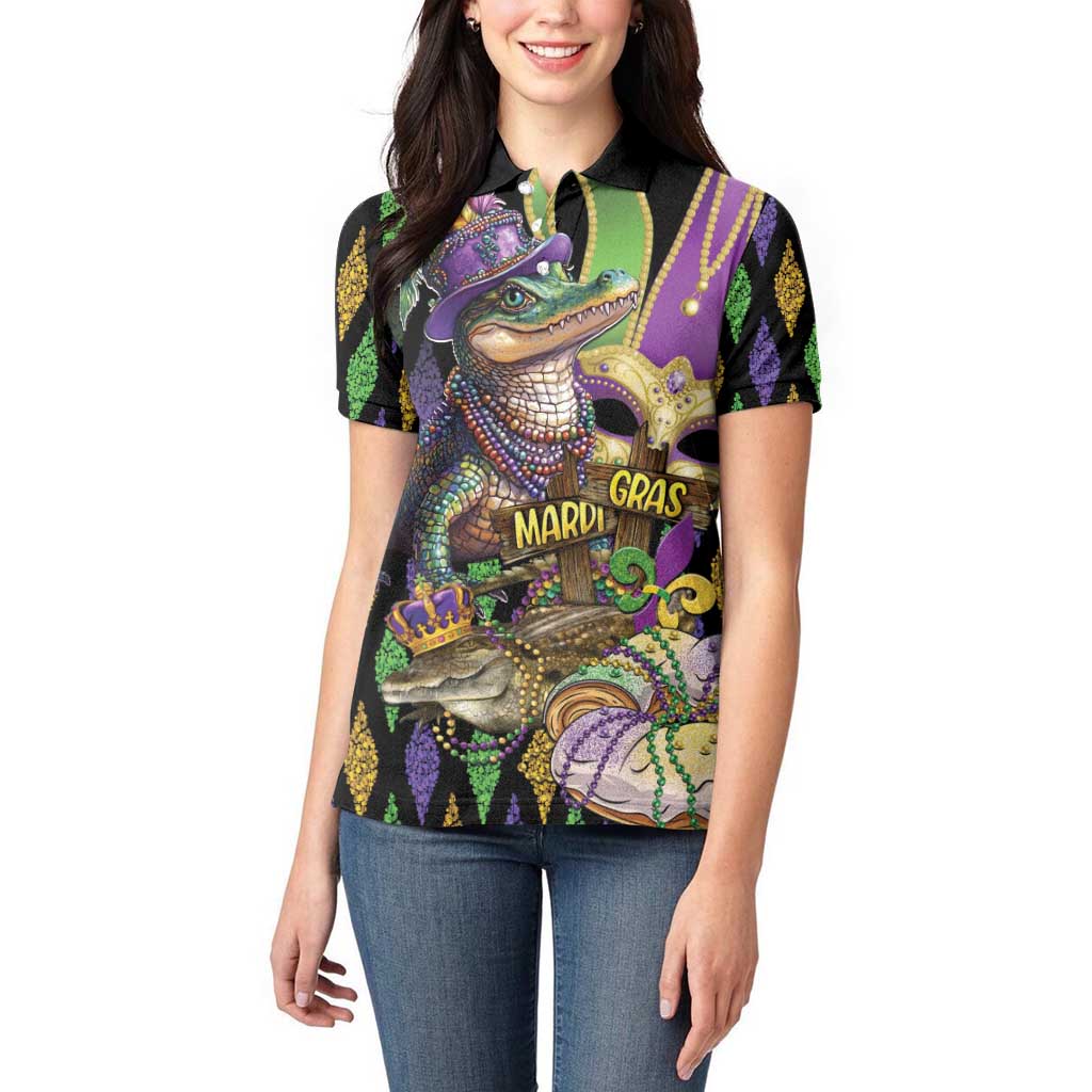 Mardi Gras Alligator Women Polo Shirt Fleur De Lis Glitter Style - Wonder Print Shop