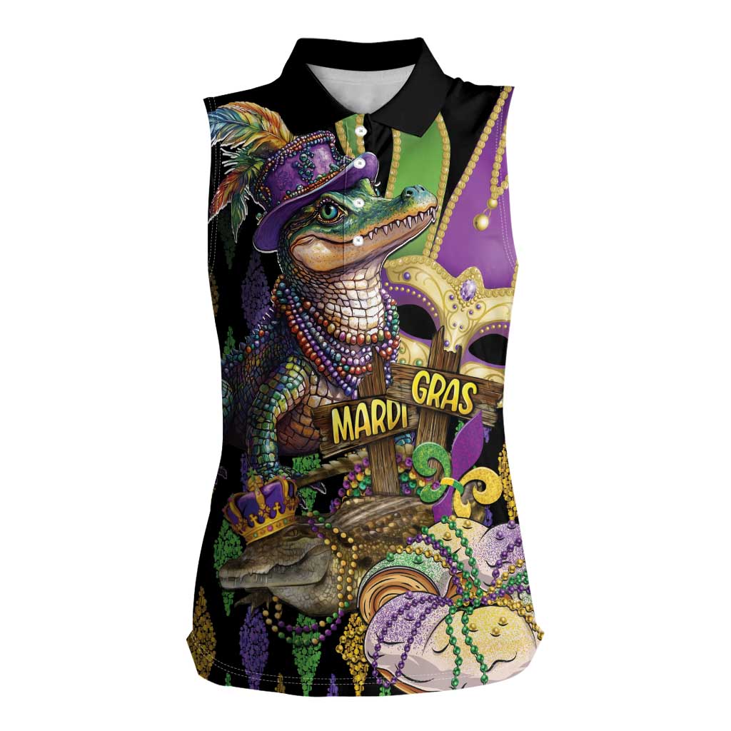 Mardi Gras Alligator Women Sleeveless Polo Shirt Fleur De Lis Glitter Style - Wonder Print Shop