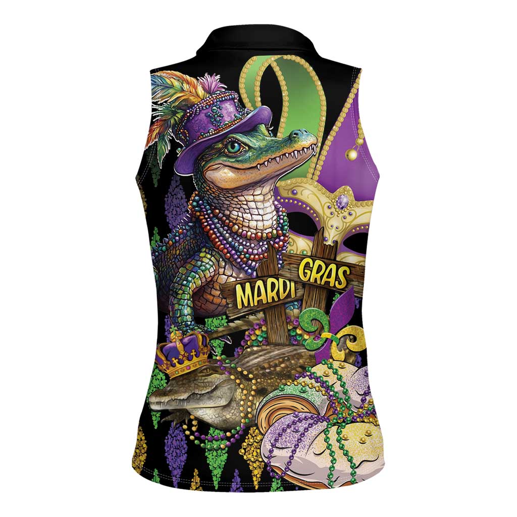 Mardi Gras Alligator Women Sleeveless Polo Shirt Fleur De Lis Glitter Style - Wonder Print Shop