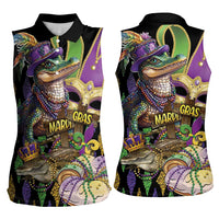 Mardi Gras Alligator Women Sleeveless Polo Shirt Fleur De Lis Glitter Style - Wonder Print Shop