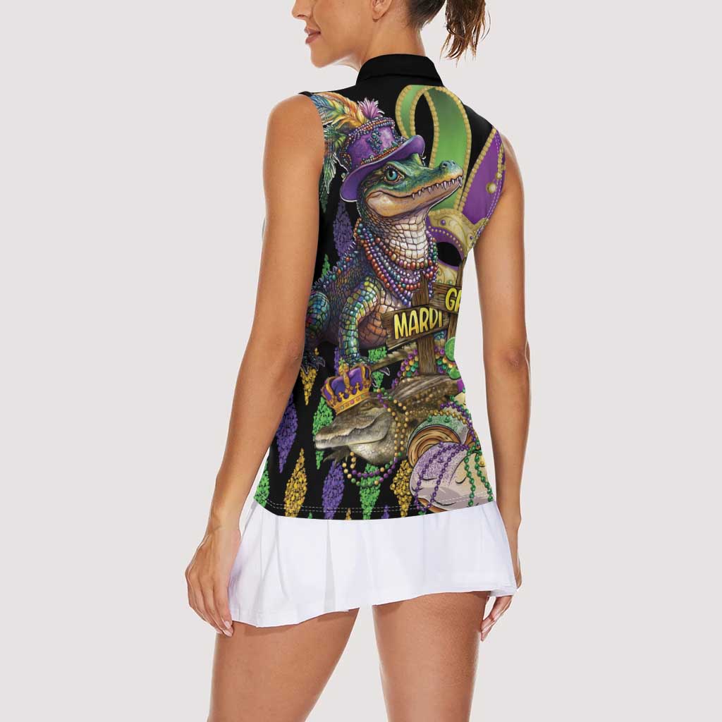 Mardi Gras Alligator Women Sleeveless Polo Shirt Fleur De Lis Glitter Style - Wonder Print Shop
