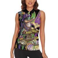 Mardi Gras Alligator Women Sleeveless Polo Shirt Fleur De Lis Glitter Style - Wonder Print Shop