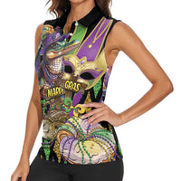 Mardi Gras Alligator Women Sleeveless Polo Shirt Fleur De Lis Glitter Style - Wonder Print Shop