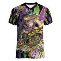 Mardi Gras Alligator Women V-Neck T-Shirt Fleur De Lis Glitter Style - Wonder Print Shop
