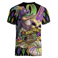Mardi Gras Alligator Women V-Neck T-Shirt Fleur De Lis Glitter Style - Wonder Print Shop