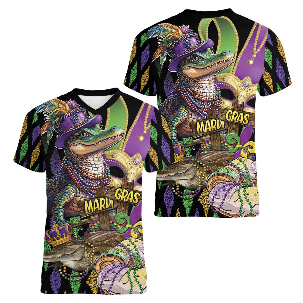 Mardi Gras Alligator Women V-Neck T-Shirt Fleur De Lis Glitter Style - Wonder Print Shop
