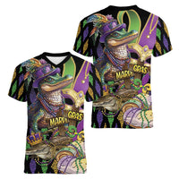 Mardi Gras Alligator Women V-Neck T-Shirt Fleur De Lis Glitter Style - Wonder Print Shop