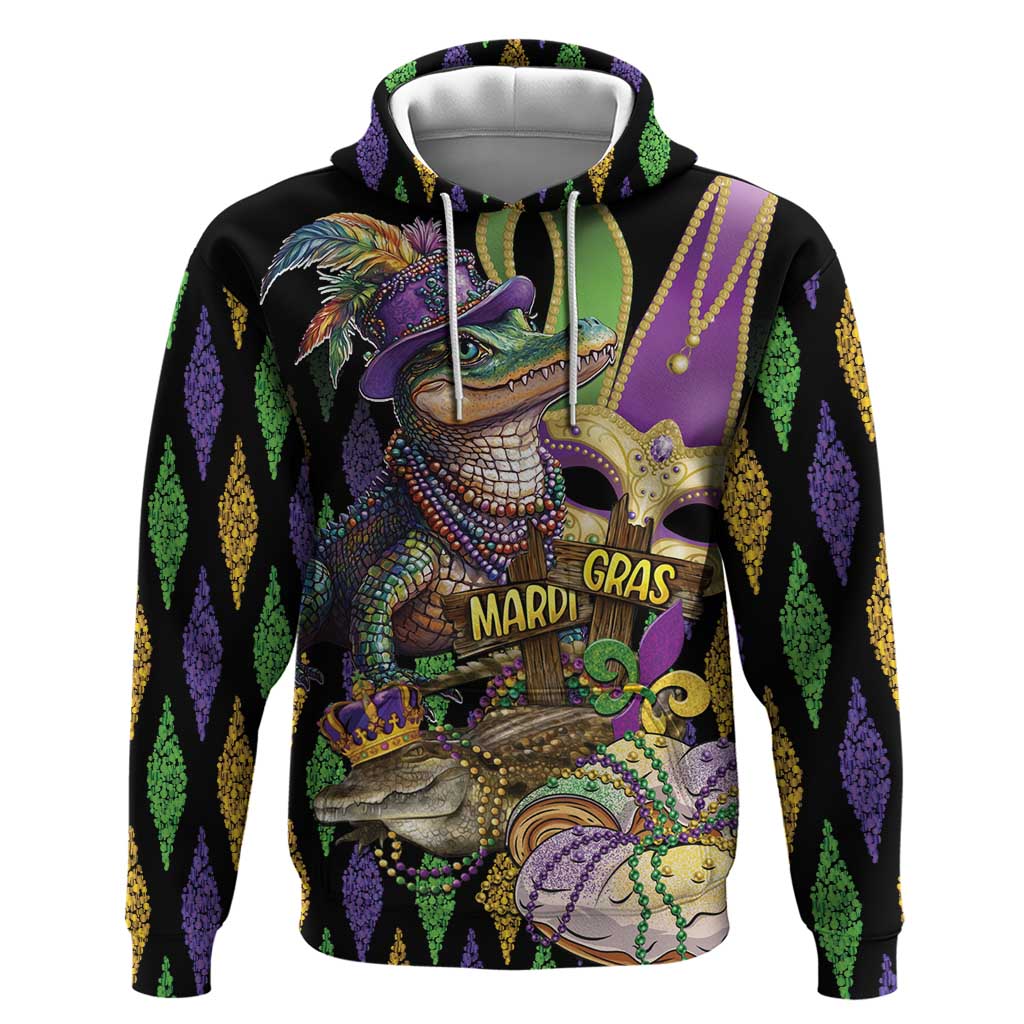 Mardi Gras Alligator Zip Hoodie Fleur De Lis Glitter Style - Wonder Print Shop