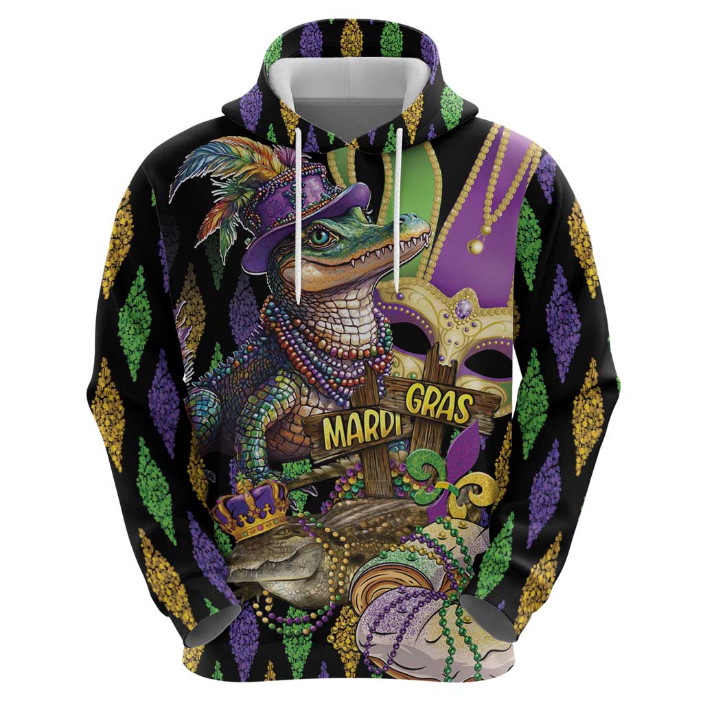 Mardi Gras Alligator Zip Hoodie Fleur De Lis Glitter Style - Wonder Print Shop