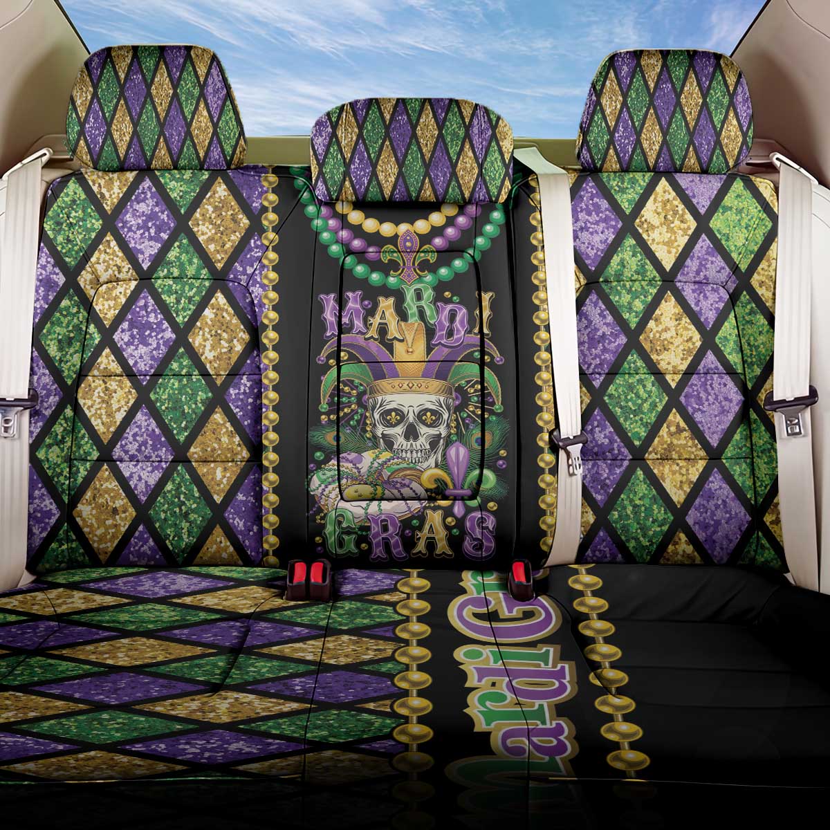 Mardi Gras Skull Back Car Seat Cover Beads Fleur De Lis