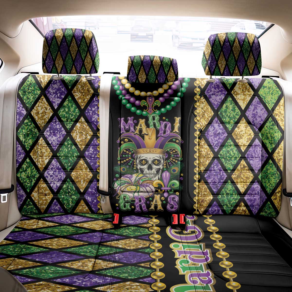Mardi Gras Skull Back Car Seat Cover Beads Fleur De Lis