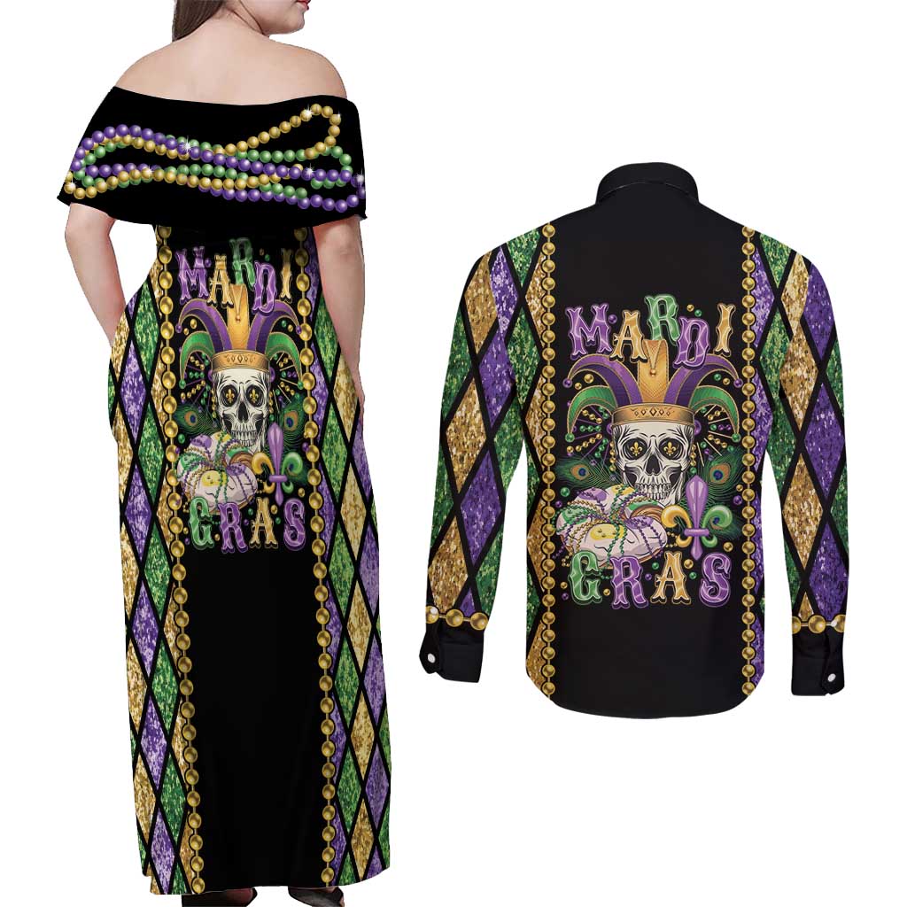 Mardi Gras Skull Couples Matching Off Shoulder Maxi Dress and Long Sleeve Button Shirt Beads Fleur De Lis