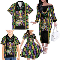 Mardi Gras Skull Family Matching Off The Shoulder Long Sleeve Dress and Hawaiian Shirt Beads Fleur De Lis