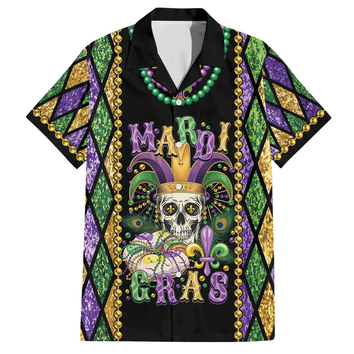 Mardi Gras Skull Family Matching Off The Shoulder Long Sleeve Dress and Hawaiian Shirt Beads Fleur De Lis
