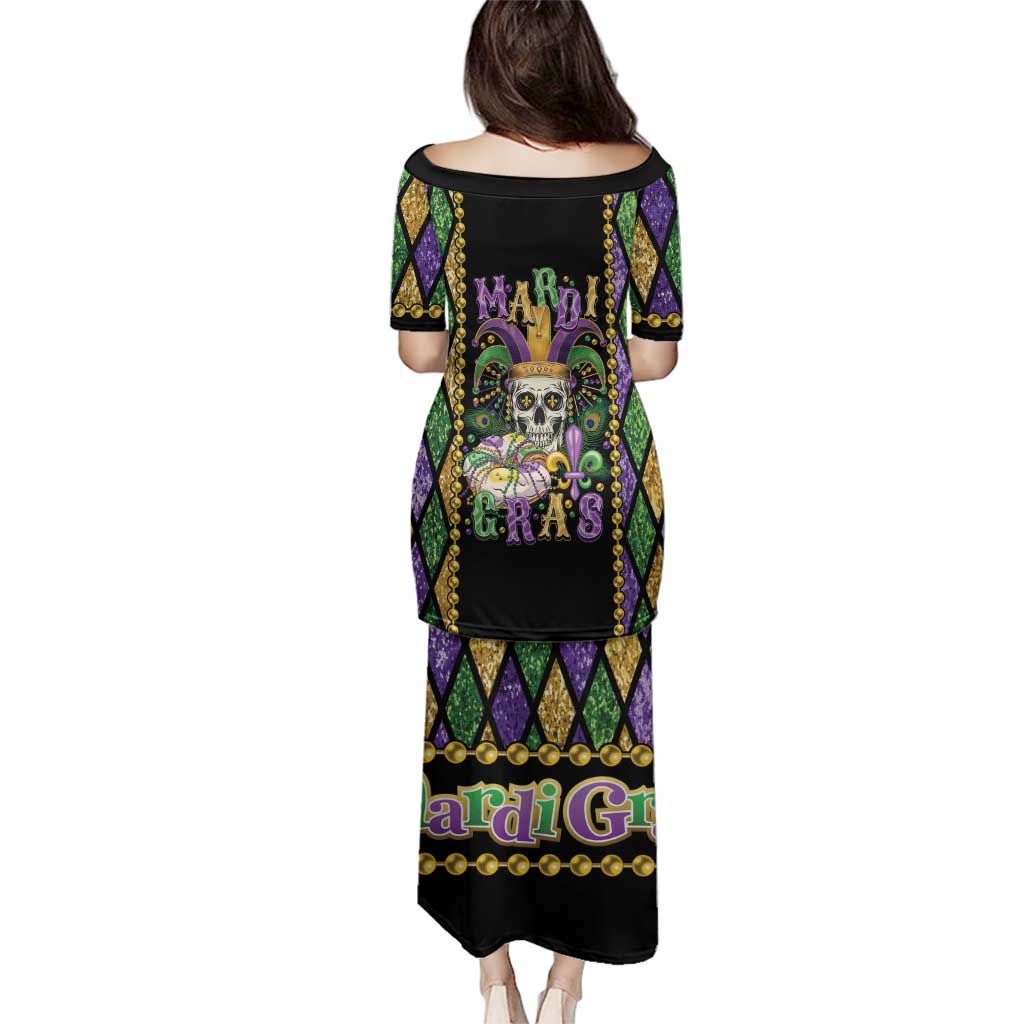 Mardi Gras Skull Family Matching Puletasi and Hawaiian Shirt Beads Fleur De Lis