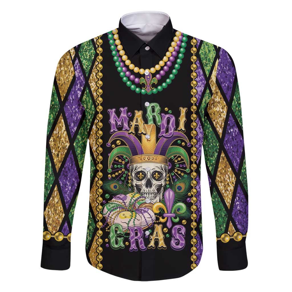 Mardi Gras Skull Family Matching Short Sleeve Bodycon Dress and Hawaiian Shirt Beads Fleur De Lis