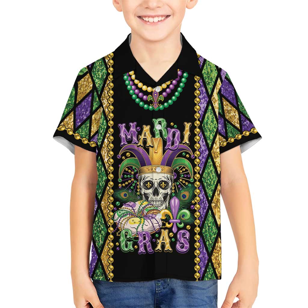 Mardi Gras Skull Family Matching Summer Maxi Dress and Hawaiian Shirt Beads Fleur De Lis
